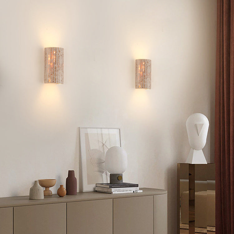 Traditional Japanese Striped Beige Travertine Semicircle LED Wall Sconce for Living Room - Waterproof Decor Lighting