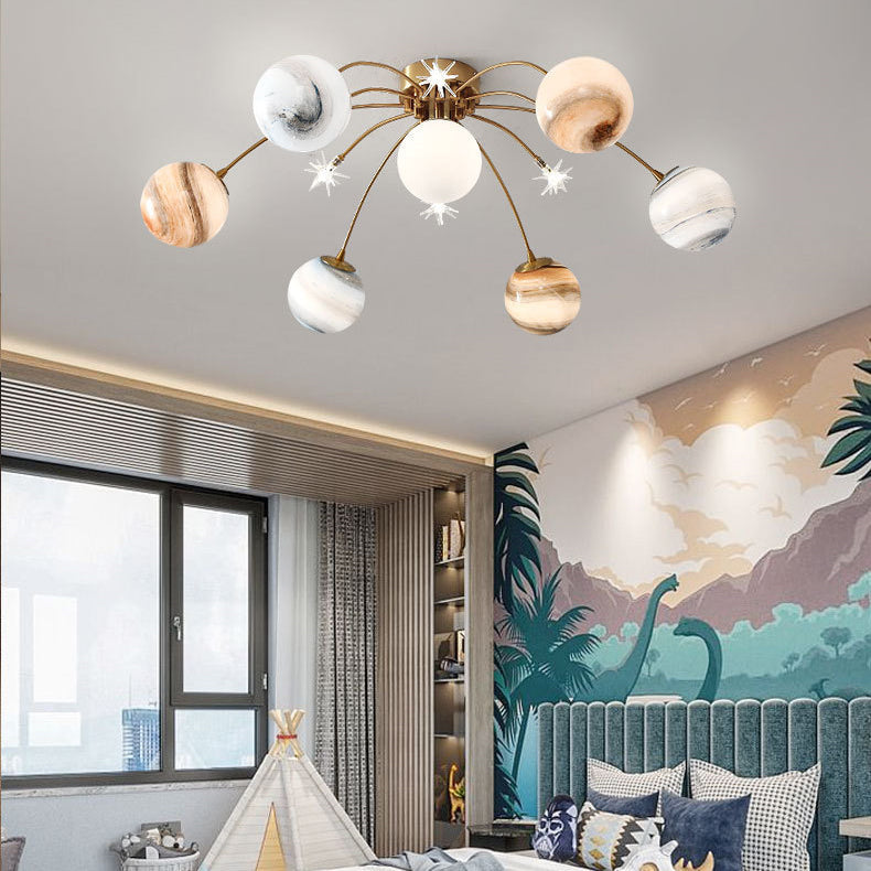 Contemporary Starry Sky 13-Light Semi-Flush Mount Ceiling Light for Bedroom, Iron and Glass Fixture, Modern Moon Design, Elegant Home Lighting