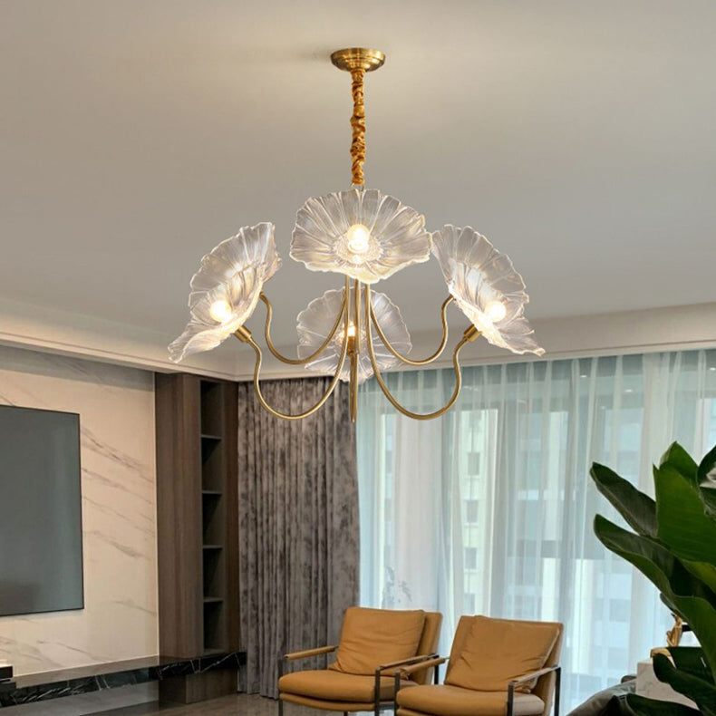 Modern Art Deco Gold Finish Chandelier with Lotus Leaf Glass Shade - 3/6 Lights for Living Room