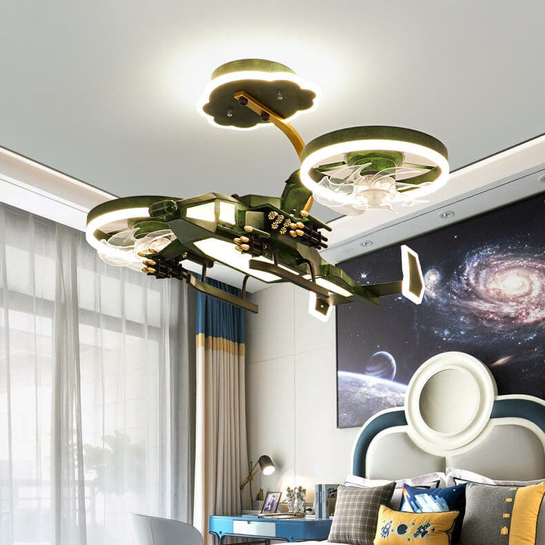 Modern Children's Helicopter Hardware Acrylic LED Semi-Flush Mount Ceiling Fan Light Fixture, Kids Room Decorative Lighting, Aviation Theme Design, Energy Efficient, Adjustable Brightness, Stylish Ceiling Fan Light for Boys and Girls, Playroom and Nursery