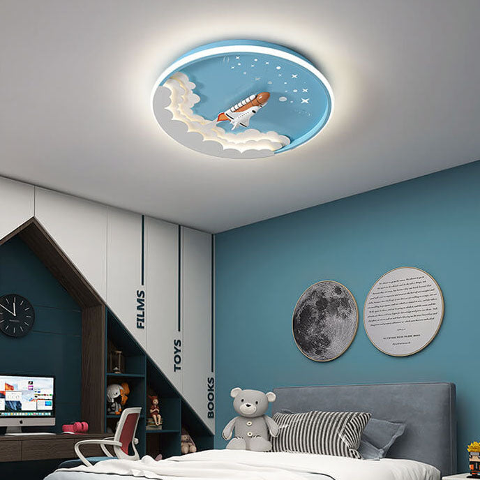 Modern Creative Cartoon Rocket Round LED Kids Flush Mount Ceiling Light - Kids Room Lighting, Cartoon Rocket Design, Flush Mount Ceiling Fixture, Energy-Efficient LED, Nursery Ceiling Light, Playroom Decor, Fun and Whimsical Lighting, Space Theme Room, Ch