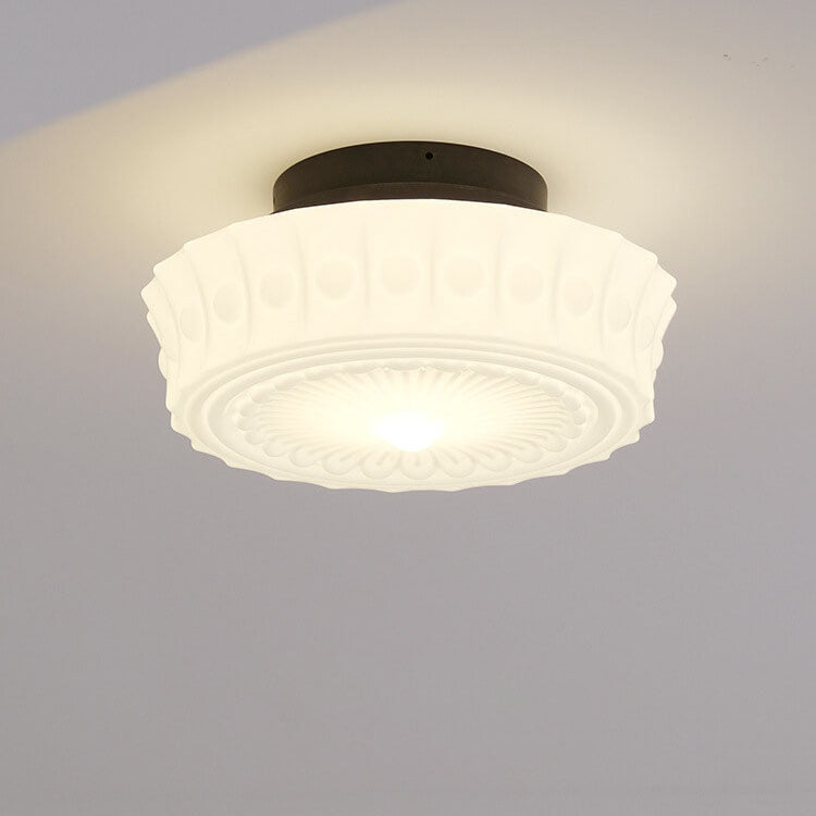 Traditional French Iron Glass Striped Round Drum LED Ceiling Light for Living Room & Bedroom
