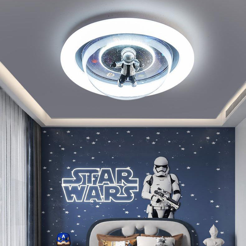 Contemporary Cartoon Planet Resin Astronaut Acrylic Round Shade LED Kids Flush Mount Ceiling Light for Bedroom, Nursery Ceiling Fixture, Space Theme Room Decor, Childrens Lighting, Modern Kids Bedroom Illumination, Fun Astronaut Design, Colorful Space Adv