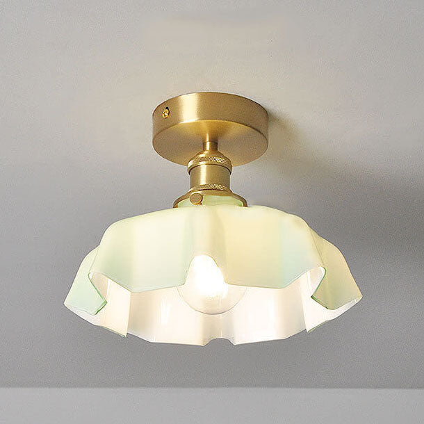 Japanese Vintage Cream Glass Floral Brass Semi-Flush Mount Ceiling Light