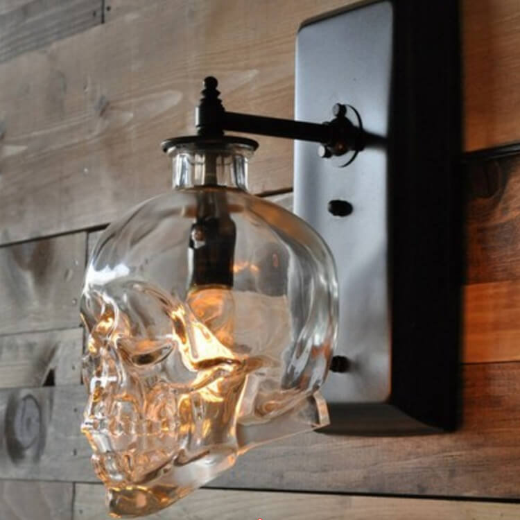 Contemporary Skull Glass Iron Wall Sconce - 1-Light Halloween Lamp for Living Room