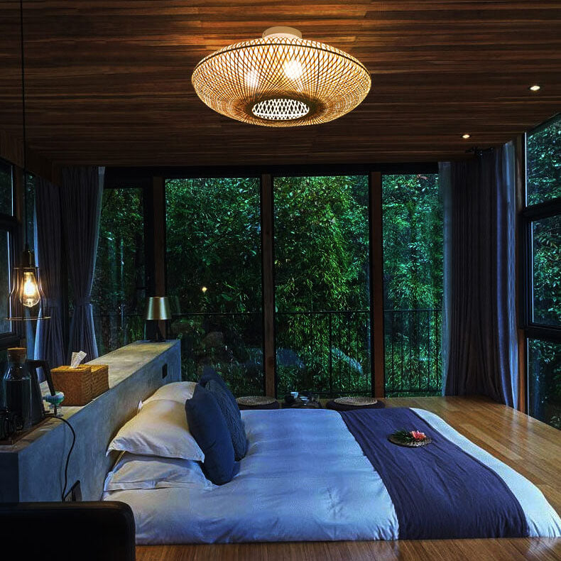 Traditional Japanese Bamboo Weaving Flying Saucer 3-Light Semi-Flush Mount Bedroom Light