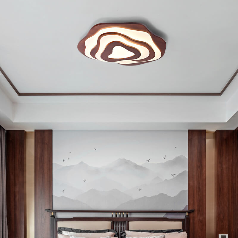 Modern Chinese Solid Wood Round LED Ceiling Light - Textured Flush Mount Lamp