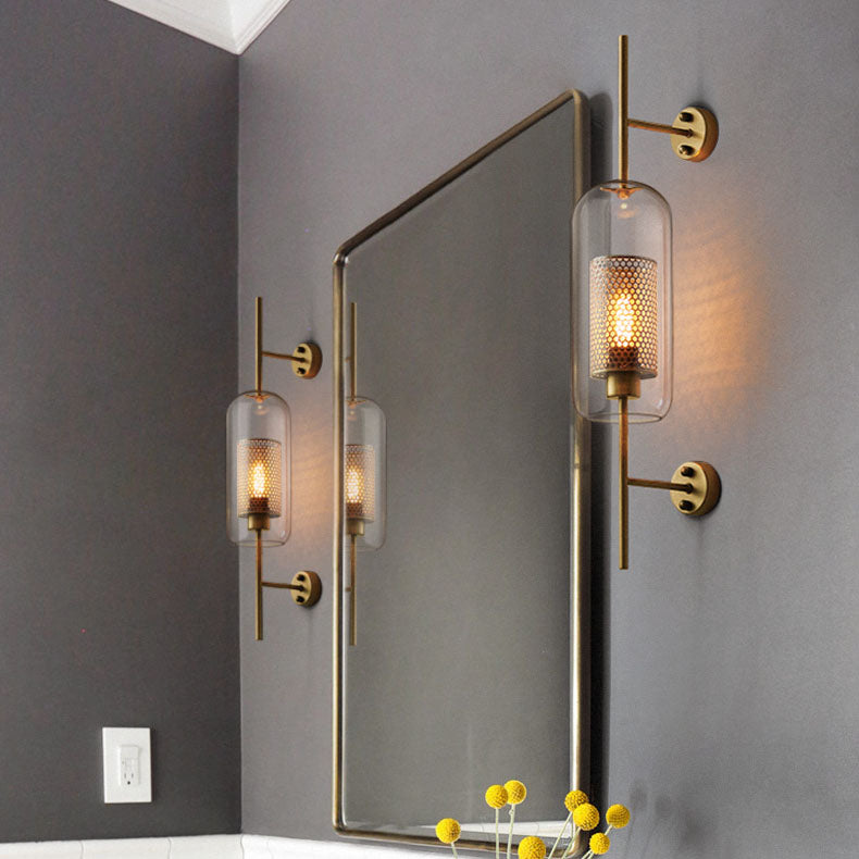 Contemporary Industrial Cylinder Glass Shade Wall Sconce - Iron Finish 1-Light Lamp for Bedroom