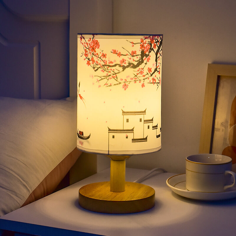 Modern Minimalist LED Table Lamp, Fabric Column Landscape Design, Wood Base Lighting, Contemporary Home Decor, Stylish Nightstand Lamp, Energy-Efficient LED, Living Room Accent Light, Bedroom Illumination, Unique Design Lamps, Eco-Friendly Lighting Soluti