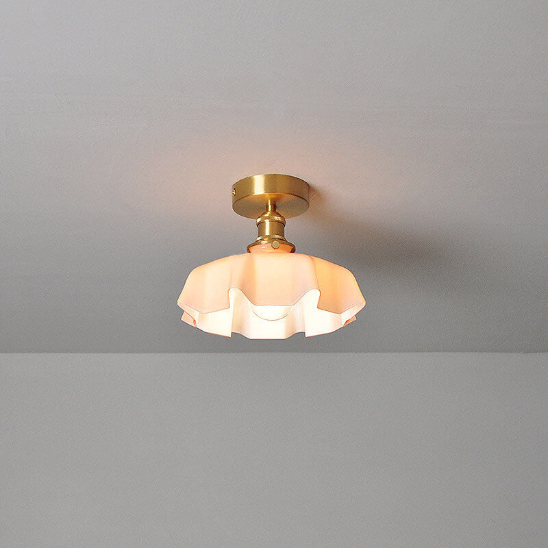 Japanese Vintage Cream Glass Floral Brass Semi-Flush Mount Ceiling Light