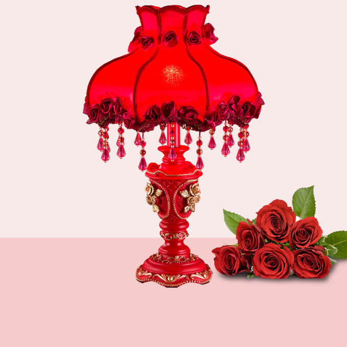 European Wedding Red Fabric Tassel Lamp - 1-Light Resin Table Lamp for Home Decor