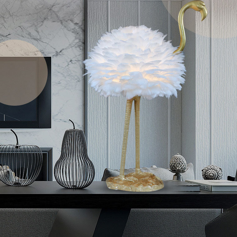 Contemporary Nordic Goose Feather Metal Flamingo Ball 1-Light Table Lamp for Bedside, Modern Accent Lighting, Decorative Bedroom Lamp, Unique Home Decor, Stylish Nightstand Light, Chic Flamingo Design, Soft Ambient Glow, Artful Lighting Fixture