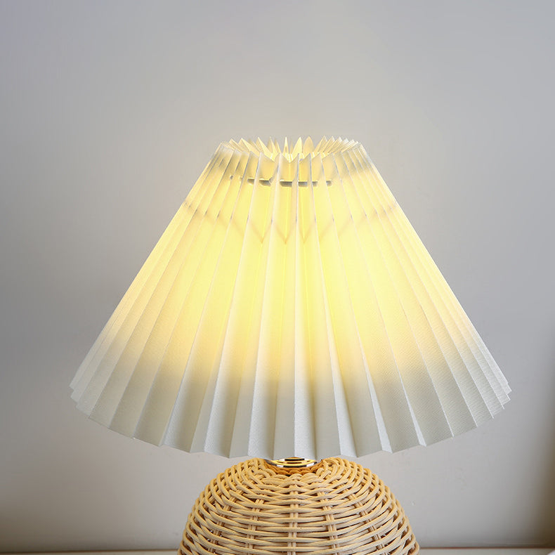 Contemporary Nordic Rattan Fabric Pleated Conic Ball LED Table Lamp Bedroom Decor Modern Lighting Elegant Home Accessories Stylish Bedroom Illumination Eco-Friendly Lighting Design Rustic Chic Table Lamp Warm White Glow Bedroom Aesthetic Sustainable Mater
