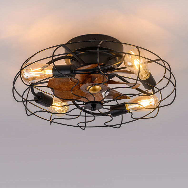 Contemporary Industrial Wood Grain Drum Cage Ceiling Fan Light - 3-Light Flush Mount for Living Room