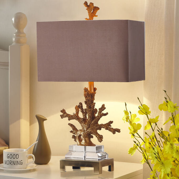 Modern Art Deco Linen Resin Crystal Coral Base 1-Light Table Lamp for Bedroom, Elegant Nightstand Lighting, Contemporary Home Decor, Decorative Bedroom Lighting, Unique Table Lamp Design, Stylish Coral Accent Light, Chic Bedroom Lighting Solution, Art Dec