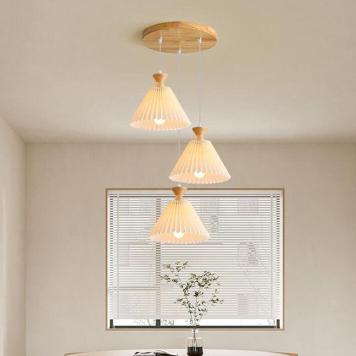Traditional Japanese Rubberwood Pleated Cone Island Chandelier for Living Room