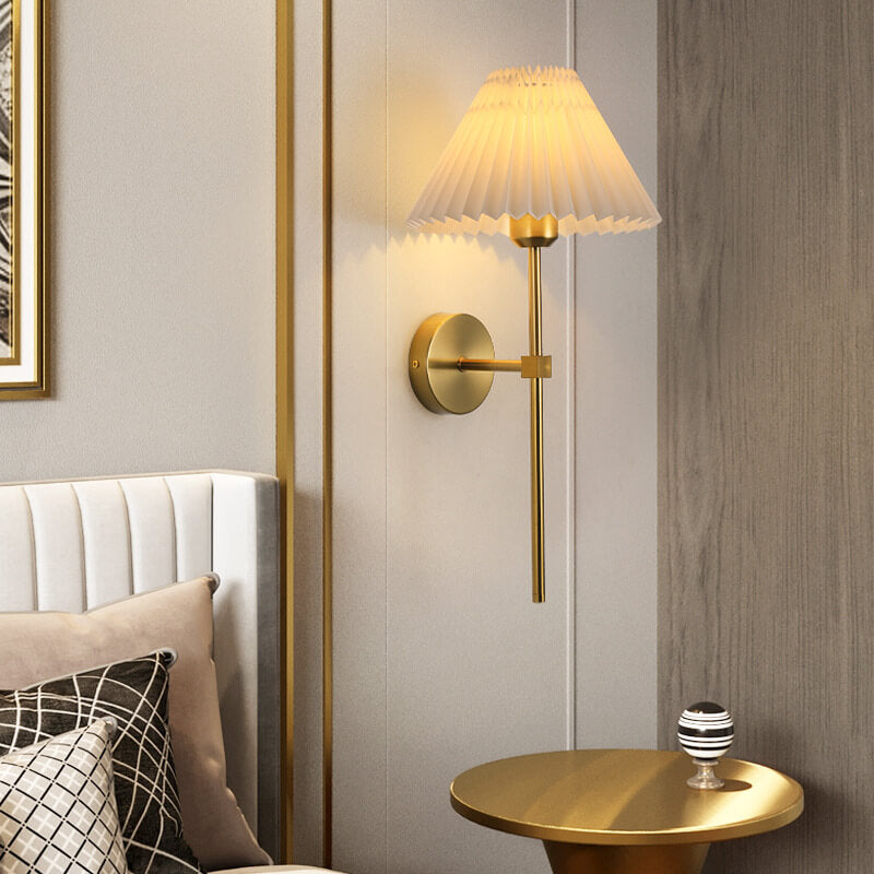 Vintage Pleated Fabric Shade Wall Sconce Lamp - Straight Arm 1-Light Design