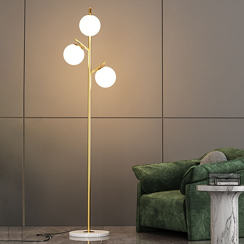 Contemporary Scandinavian Orb Pillar Floor Lamp - 3-Light Metal & Marble Glass for Living Room