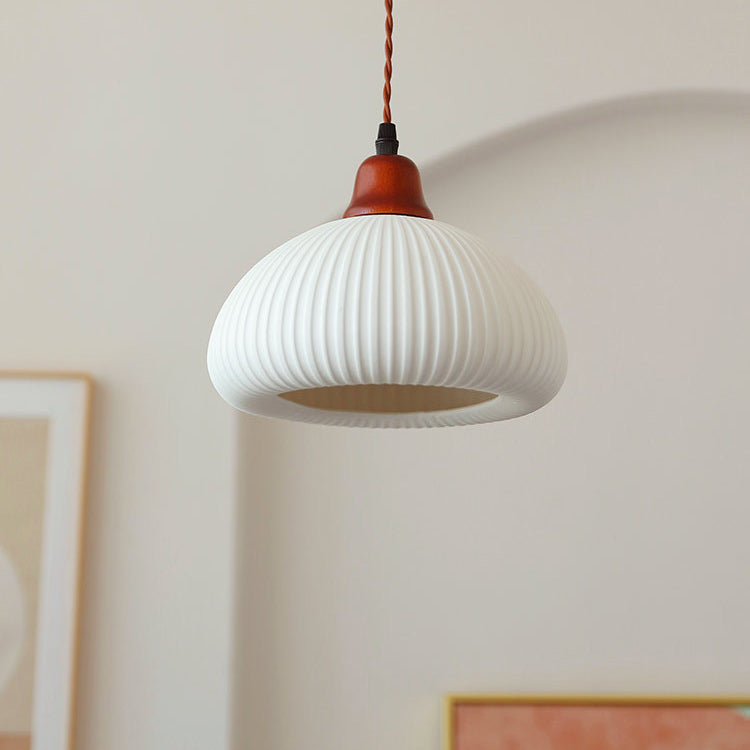 Traditional Japanese Pleated Round Dome Pendant Light - Ceramic & Wood Design for Living Room & Bedroom