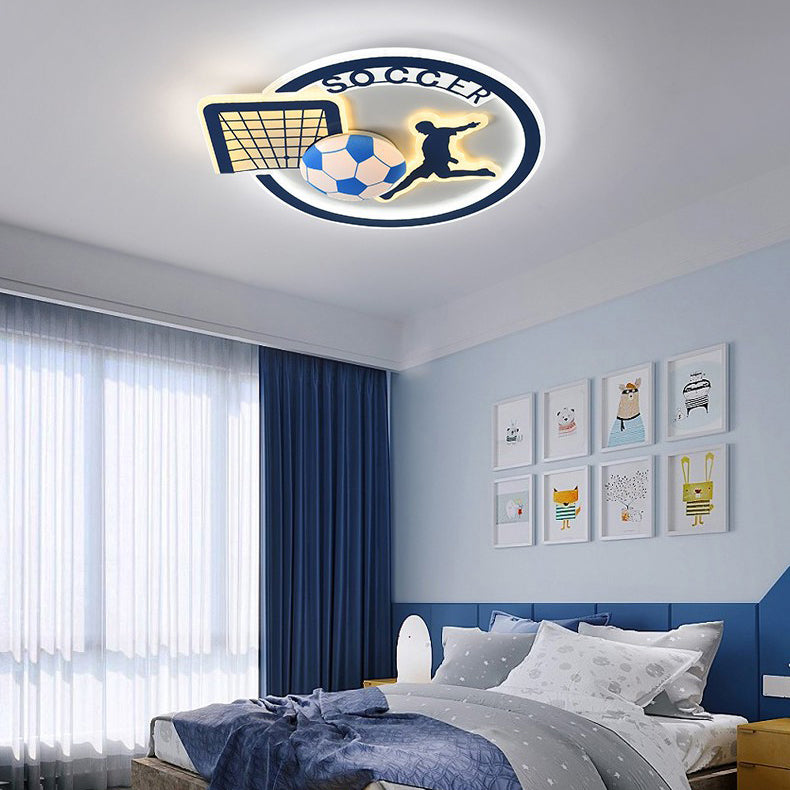 Contemporary Creative Kids Round Basketball Football Iron Acrylic LED Flush Mount Ceiling Light for Bedroom Playroom Sports Decor Kids Lighting Fixture Top Rated Children’s Room Ceiling Lamp