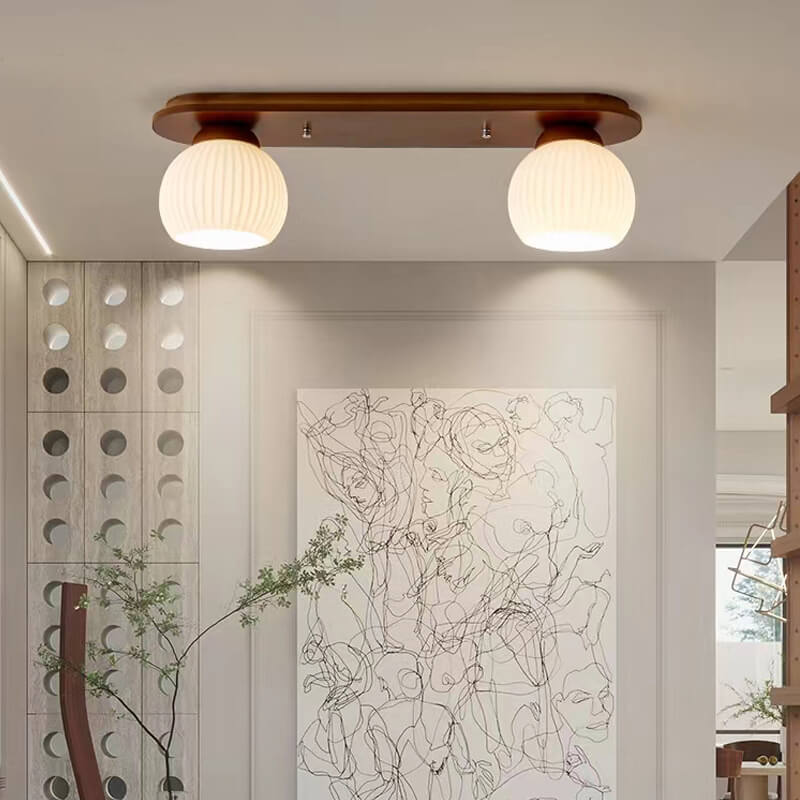 Traditional Japanese Striped Glass Wood Long Plate Flush Mount Ceiling Light