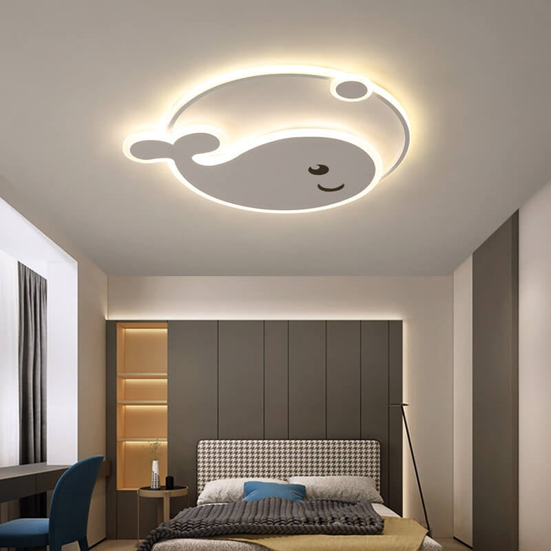 Creative Cartoon Dolphin Moon LED Kids Flush Mount Ceiling Light for Child’s Bedroom, Nursery Lighting, Whale Design Ceiling Fixture, Playful Ocean Theme, Adjustable Brightness, Energy-Efficient, Cute Kids Room Decor, Unique Playroom Lighting, Safe for Ki