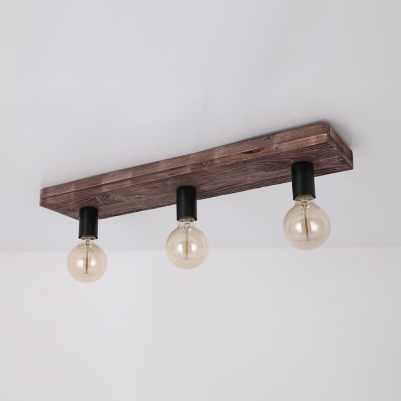 Retro Solid Wood 3-Light Flush Mount Ceiling Light with Glass Lampshade