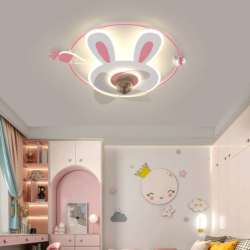 Cartoon Creative Bunny Carrot LED Flush Mount Ceiling Fan Light for Kids Room, Playroom, Nursery, Childrens Ceiling Fan Light Fixture, Cute Bunny Design, Energy Efficient LED Lighting, Adjustable Brightness, Modern Ceiling Fan Light for Kids Decor