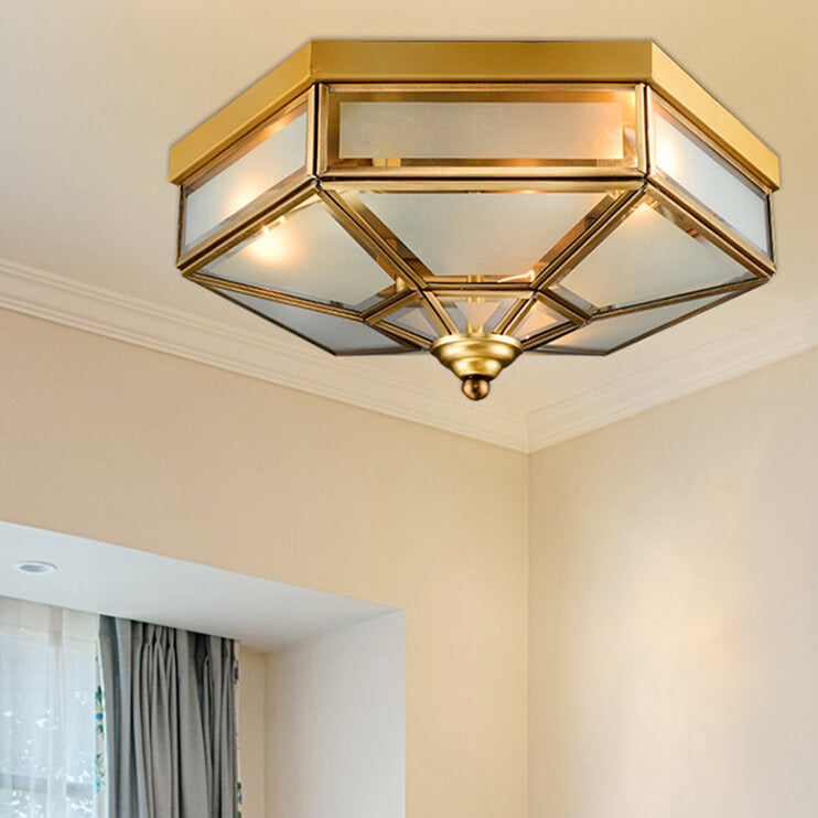Traditional European Copper Glass Flush Mount Ceiling Light 3/4 Light for Living Room