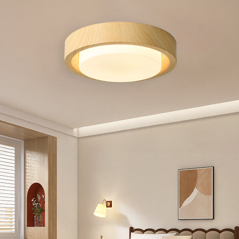 Traditional Japanese Round Glass LED Flush Mount Ceiling Light - Wood Grain Design for Bedroom