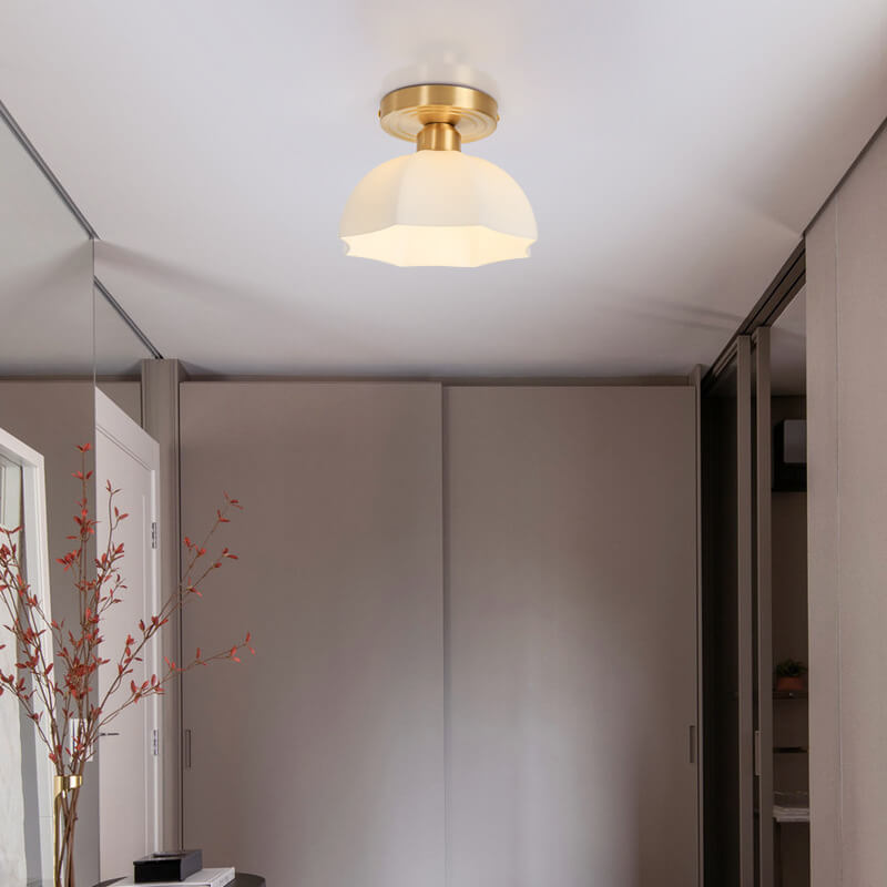 Japanese Vintage Brass Glass Dome Semi-Flush Mount Ceiling Light