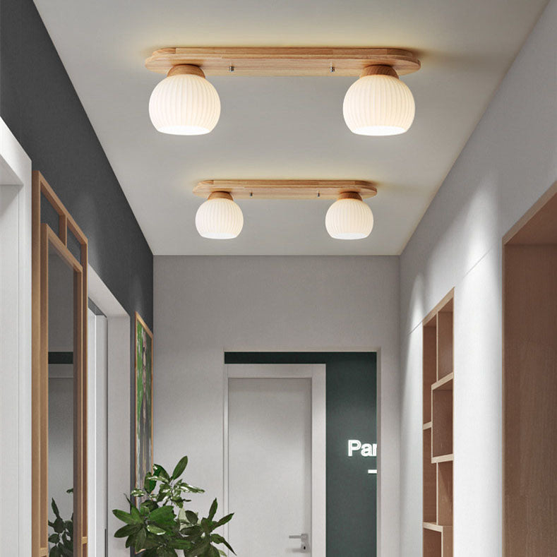 Traditional Japanese Striped Glass Wood Long Plate Flush Mount Ceiling Light