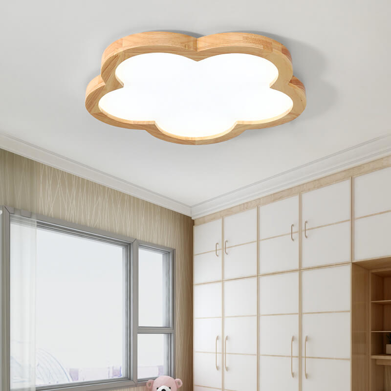 Nordic Simple Solid Wood Flower LED Slim Kids Flush Mount Ceiling Light Fixture, Cute Kids Room Lighting, Sky Blue and White Nursery Light, Modern Children's Ceiling Lamp, Energy Efficient LED Kids Decor Lighting