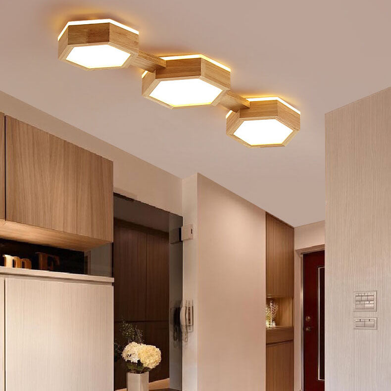 Modern Wooden Hexagonal LED Ceiling Light - Flush Mount Design