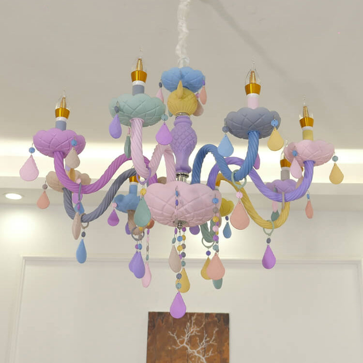 Modern Children's Princess Macaroon Candelabra Crystal Glass Chandelier 5/6/8/10/12/15 Light Fixture Elegant Decorative Lighting for Kids Room, Nursery, Playroom, Birthday Parties, Home Decor, Glamorous Princess Theme, Adjustable Hanging, Twinkling Illumi