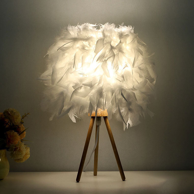 Modern Art Deco Feather Wood Table Lamp - 1-Light Cylinder Design for Bedside