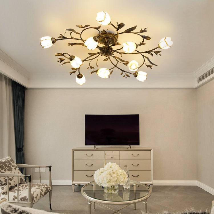 Traditional French Flower Shaped Iron Glass Semi-Flush Mount Ceiling Light for Bedroom - 4/6/8/10/12 Lights