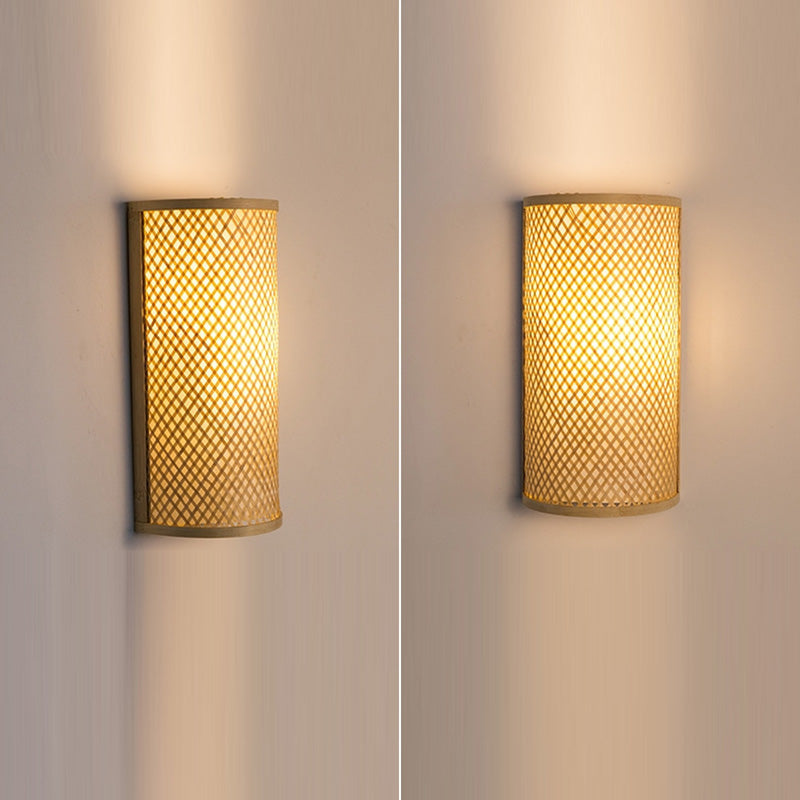 Traditional Japanese Bamboo Wall Sconce Lamp - Semicircular Cylinder, 2-Light for Bedside Lighting