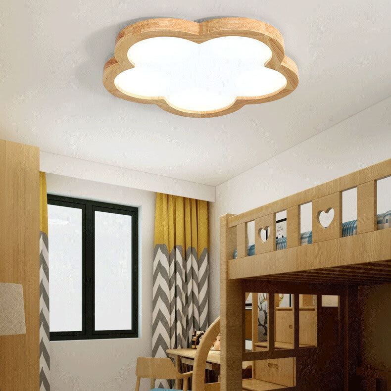 Nordic Simple Solid Wood Flower LED Slim Kids Flush Mount Ceiling Light Fixture, Cute Kids Room Lighting, Sky Blue and White Nursery Light, Modern Children's Ceiling Lamp, Energy Efficient LED Kids Decor Lighting