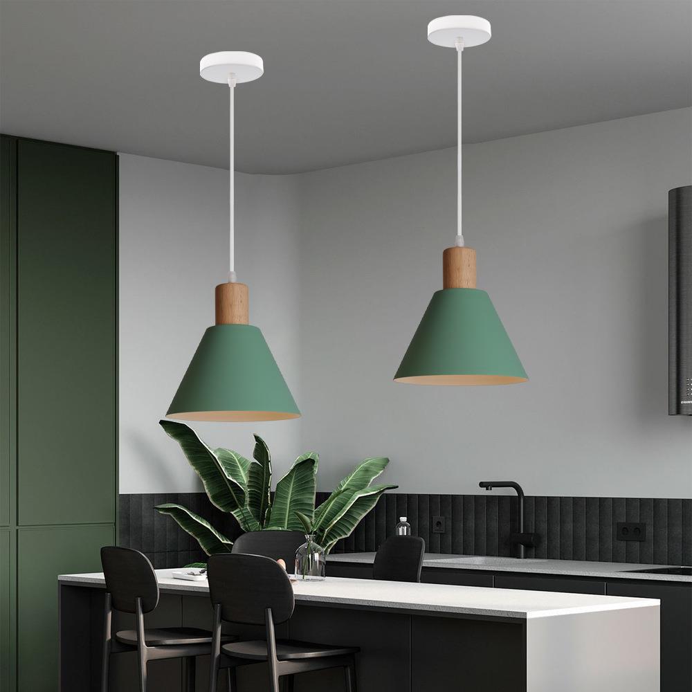 Vintage Iron Solid Wood Round Cone Pendant Light for Living Room
