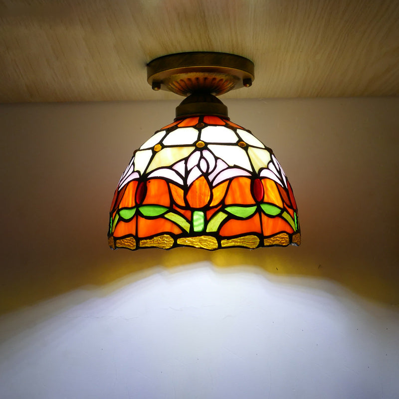 Traditional Tiffany Tulip Stained Glass Ceiling Light - Iron Dome 1-Light Semi-Flush Mount for Living Room