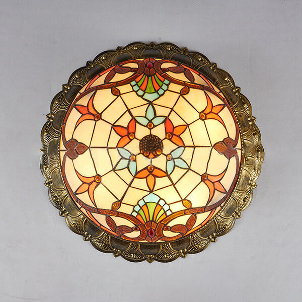 Vintage Tiffany Round Stained Glass LED Flush Mount Light