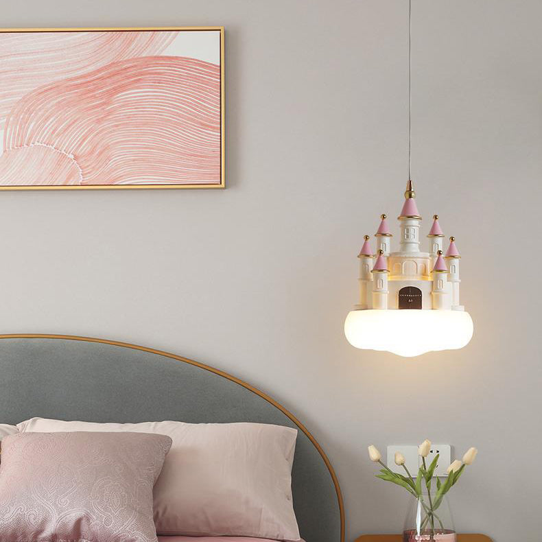 Contemporary Nordic Kids Resin PVC PE Castle 1-Light Pendant Light for Bedroom, Children's Room Lighting, Playroom Decorative Lamp, Nordic Style Ceiling Lamp, Creative Kids Castle Pendant Fixture, Colorful Bedroom Lighting for Boys and Girls, Stylish Home