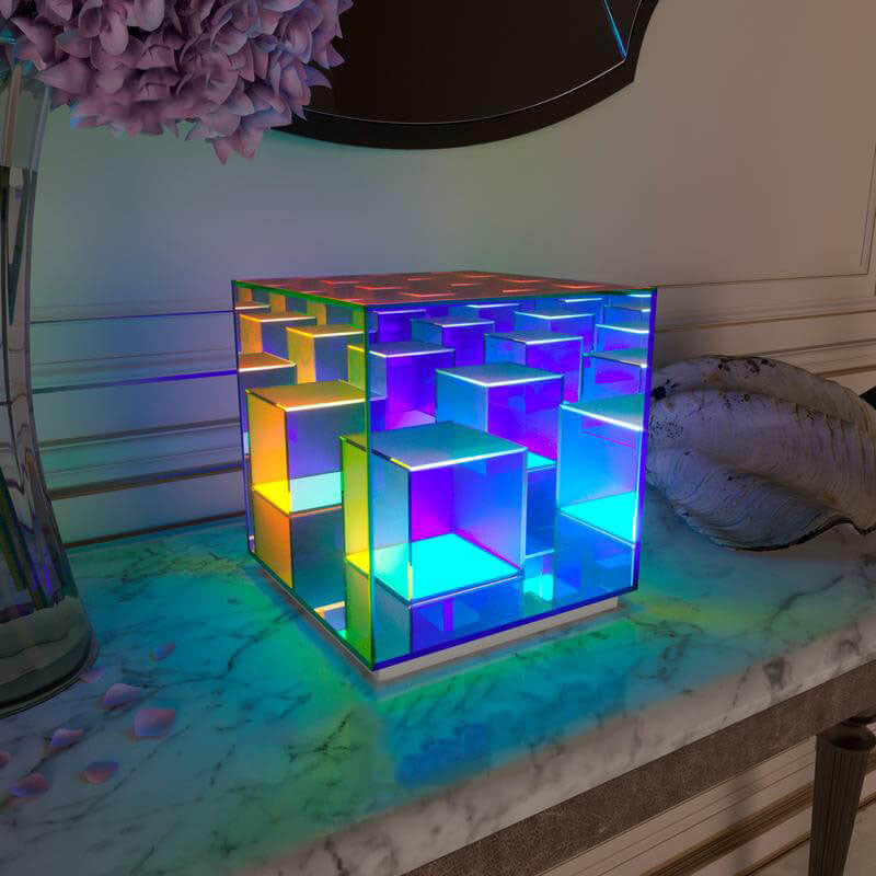 Modern Acrylic RGB Line Rubik's Cube LED Table Lamp - Color Changing Cube Night Light, USB Rechargeable Decorative Lamp, Unique Gift for Kids and Adults, RGB Mood Lighting for Home Decor, Bedroom and Office Accessories