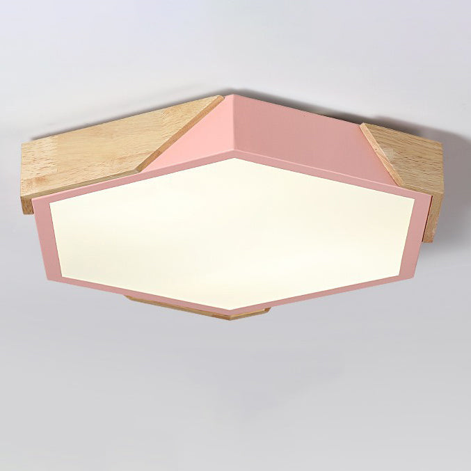 Contemporary Scandinavian Hexagonal Iron Wood Macaron LED Flush Mount Ceiling Light for Bedroom