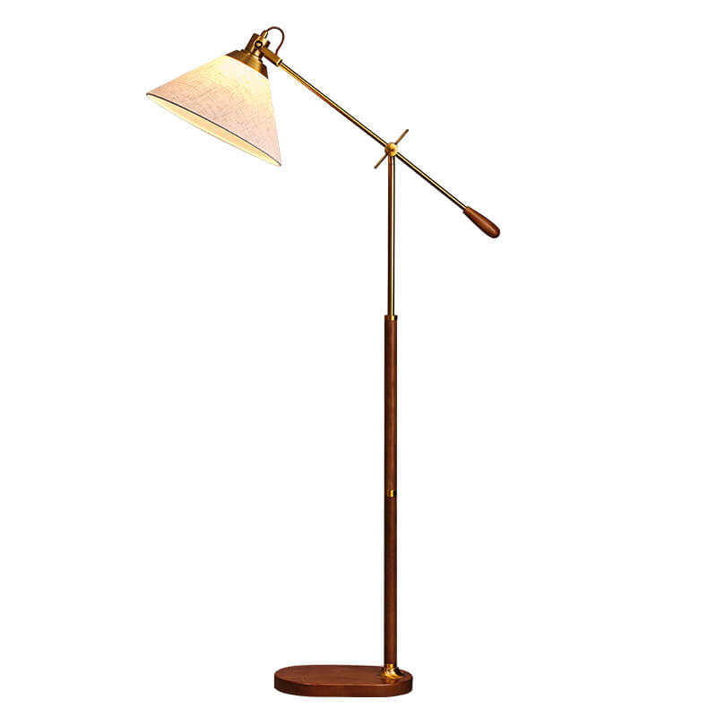 Vintage Fabric Cone Floor Lamp, Metal and Ash Wood, 1-Light for Bedroom