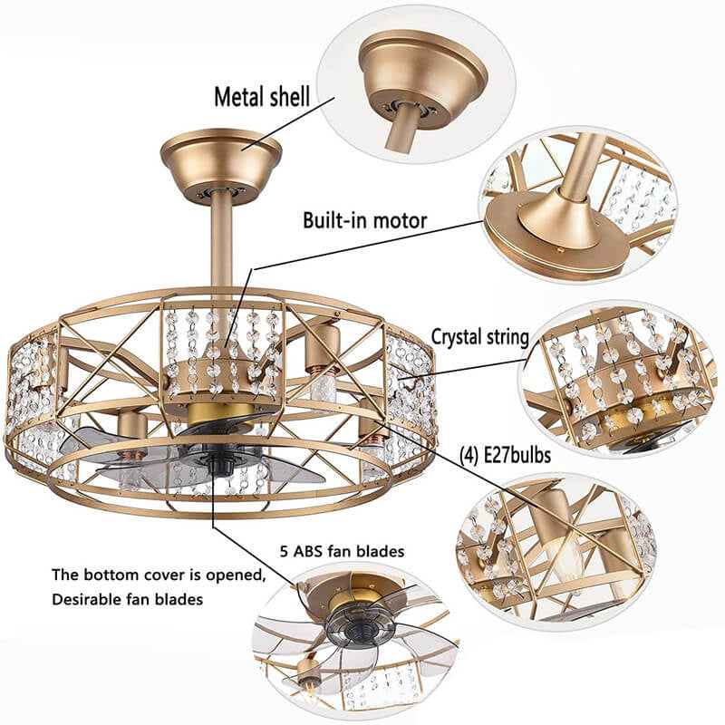 Modern Luxury Gold Drum Crystal 4-Light Ceiling Fan with Downrods