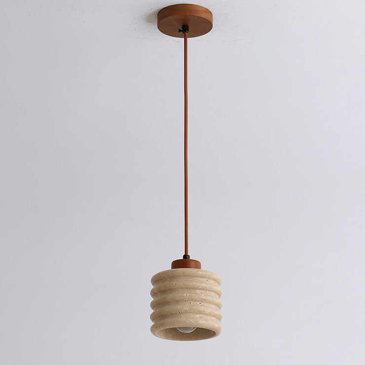 Wabi-Sabi Yellow Travertine Cylinder Pendant Light - Wood 1-Light Lampshade