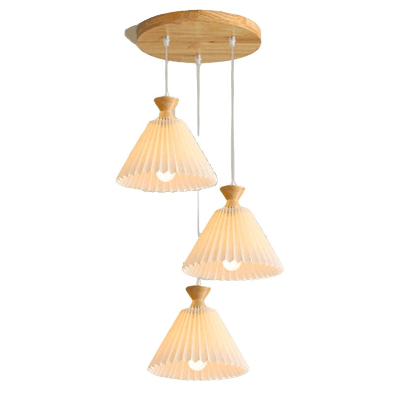 Traditional Japanese Rubberwood Pleated Cone Island Chandelier for Living Room