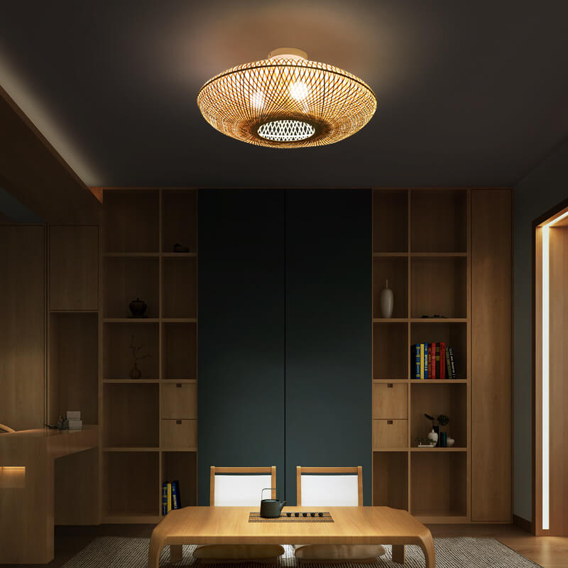 Traditional Japanese Bamboo Weaving Flying Saucer 3-Light Semi-Flush Mount Bedroom Light